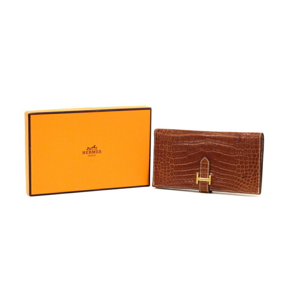 HERMES Bearn Alligator Crocodile G H Long Wallet Bifold Mir Miel Brown